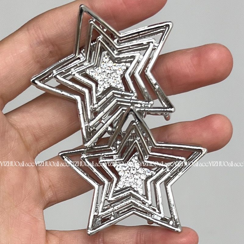 辣妹甜酷金屬五角星星銀色抓髮夾女簡約設計後腦勺抓夾鯊魚夾發抓