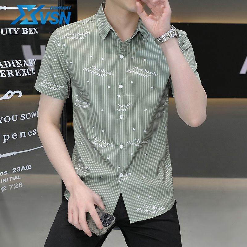 Printed ice silk shirt men's short-sleeved Korean style trendy handsome one-inch clothing business casual summer ice breathable shirt men