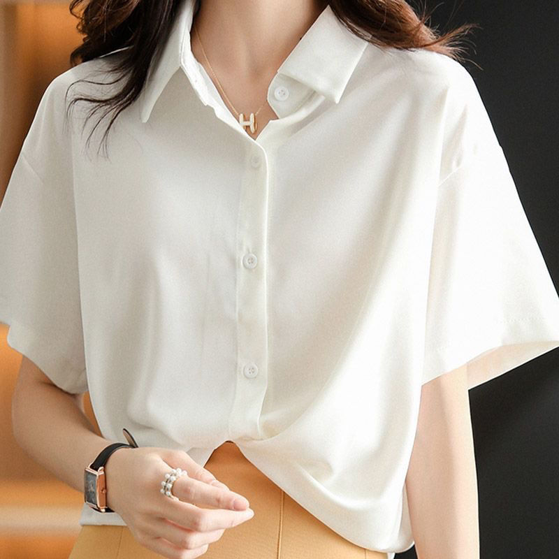 Grigio Hong Kong style short-sleeved shirt, summer versatile design, simple professional OL interview white shirt top for women