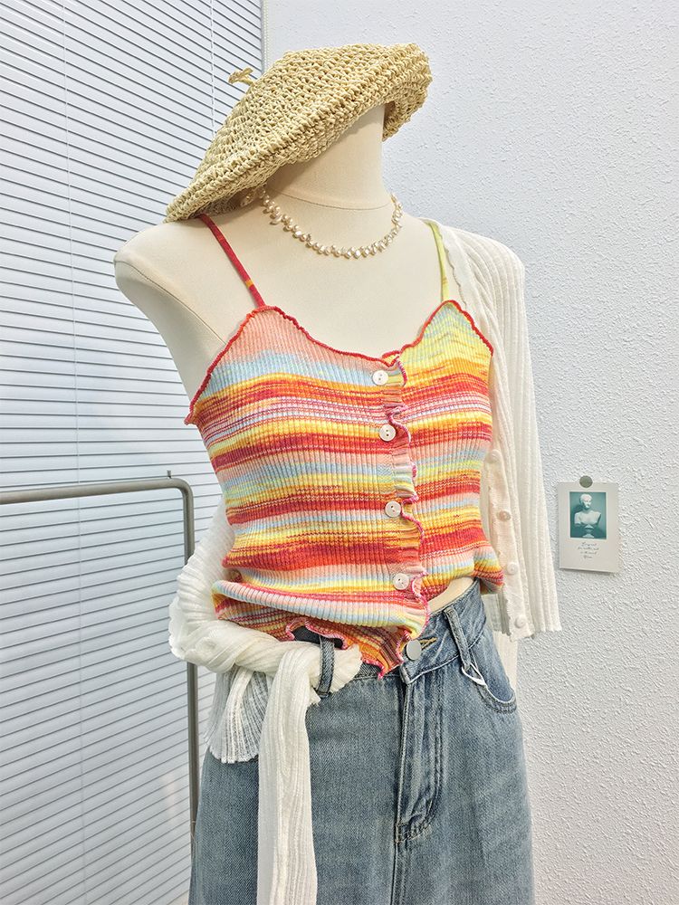 韩版时尚度假风短款条纹背心女夏季新款彩虹弹力针织小吊带衫