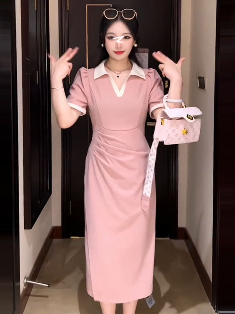 大碼胖MM不規則設計感polo翻領連衣裙女夏季收腰顯瘦開叉長裙子女