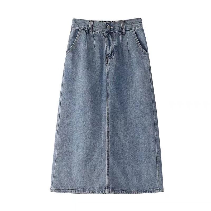 Retro slit denim skirt  women's summer mid-length high-waisted a-line skirt niche slimming hip skirt