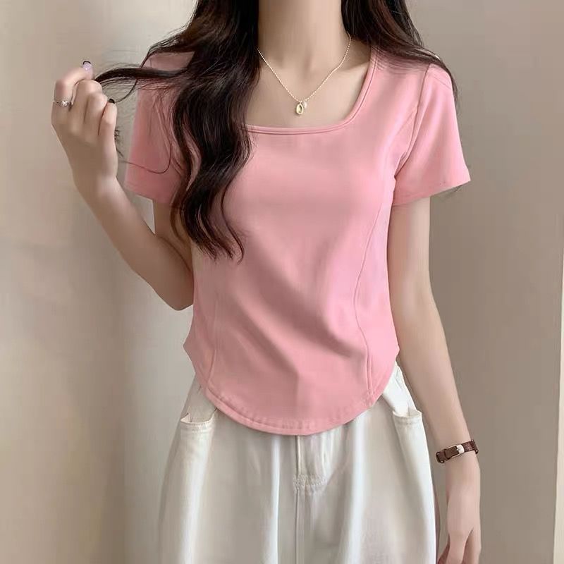 方領短袖修身T恤女夏2023新款粉色洋氣減齡法式魚骨短款正肩小衫