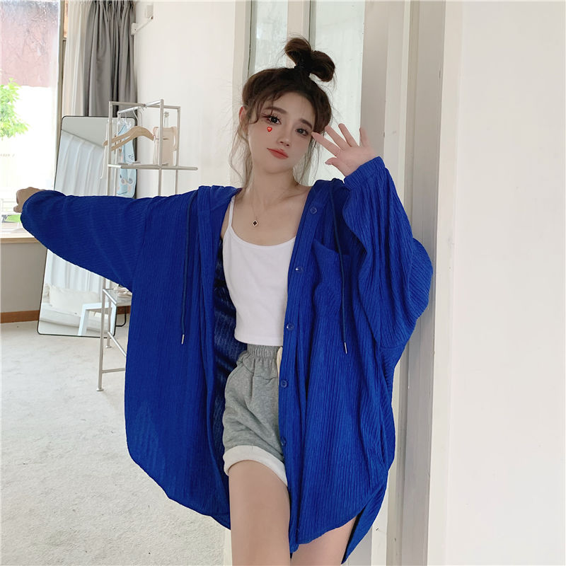 White long-sleeved sun protection clothing for women, summer  new versatile mid-length hooded loose cardigan thin jacket