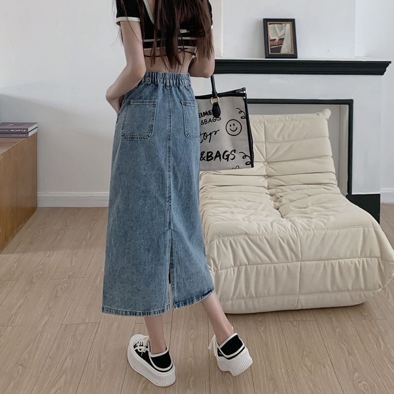 Retro slit denim skirt  women's summer mid-length high-waisted a-line skirt niche slimming hip skirt