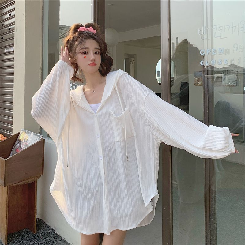 White long-sleeved sun protection clothing for women, summer  new versatile mid-length hooded loose cardigan thin jacket