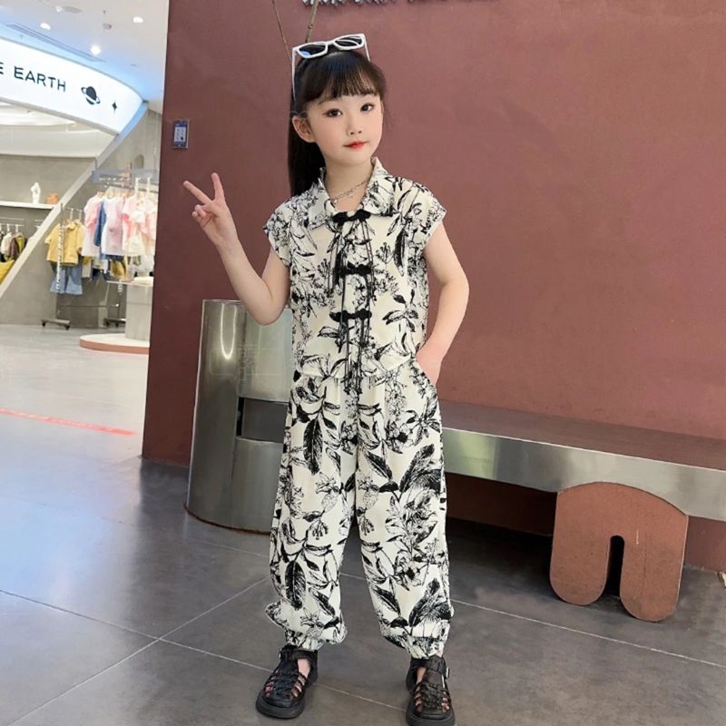 Girls' plate buckle ink painting children's summer clothing medium and large children's summer digital printing casual retro two-piece set summer trend