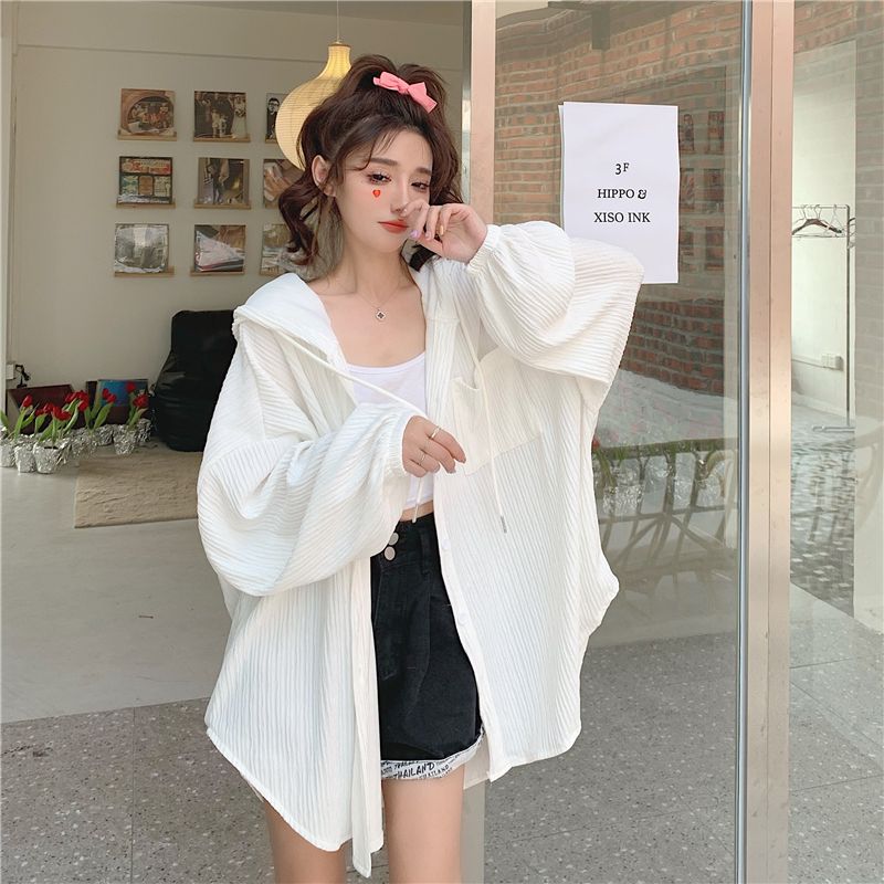 White long-sleeved sun protection clothing for women, summer  new versatile mid-length hooded loose cardigan thin jacket