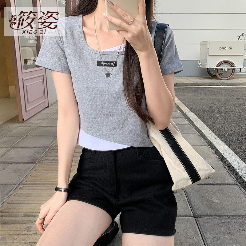 筱姿2023春夏新款純棉t恤女裝方領短款露臍假兩件百搭時尚上衣潮