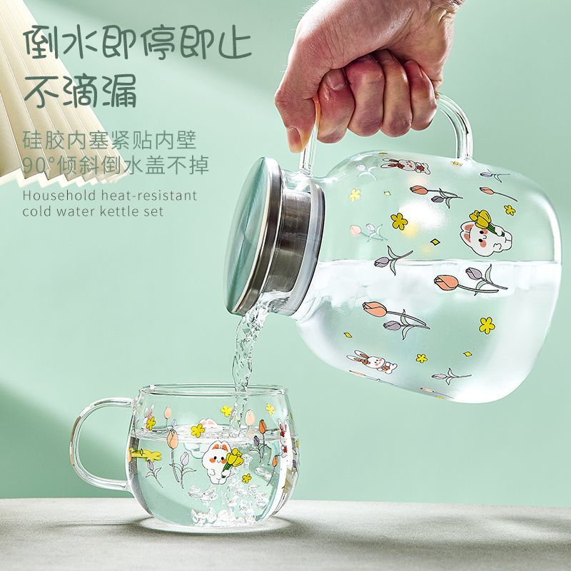原创萌兔冷水壶玻璃耐高温凉水壶大容量冷水杯套装家用凉白开茶壶