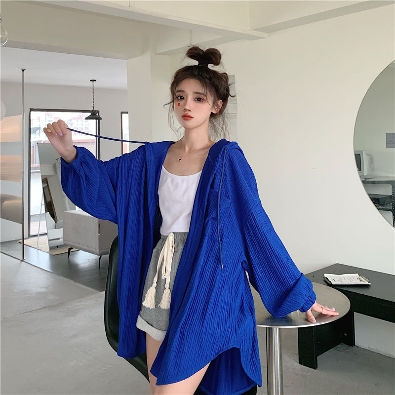 White long-sleeved sun protection clothing for women, summer  new versatile mid-length hooded loose cardigan thin jacket