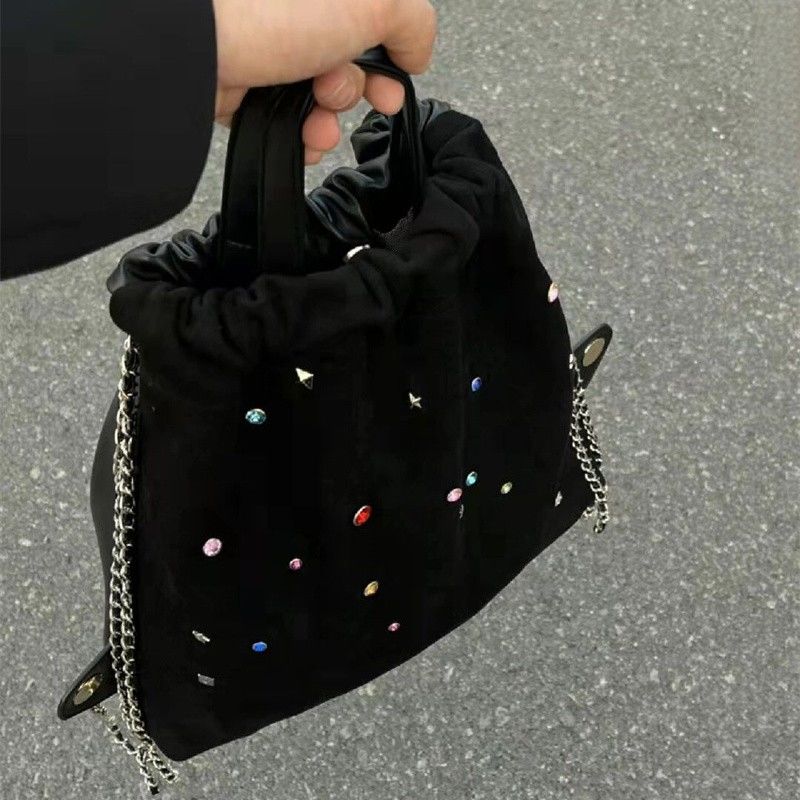 Korean fashion casual women's bag soft leather stitching color gemstone chain backpack large capacity drawstring handbag...