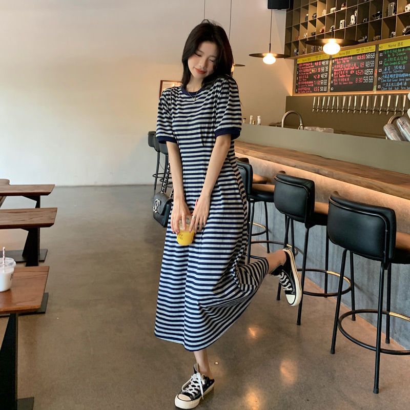 休闲小众条纹连衣裙子女夏季高级感韩版宽松甜美T恤长裙显瘦减龄