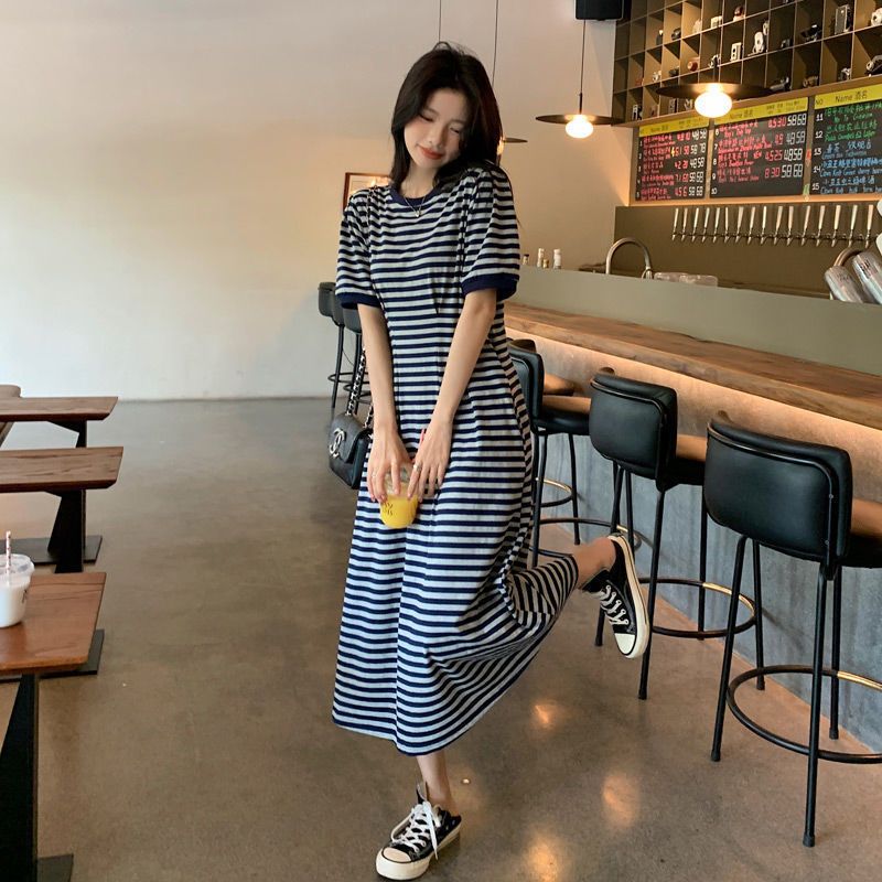 休閒小眾條紋連衣裙子女夏季高級感韓版寬鬆甜美T恤長裙顯瘦減齡