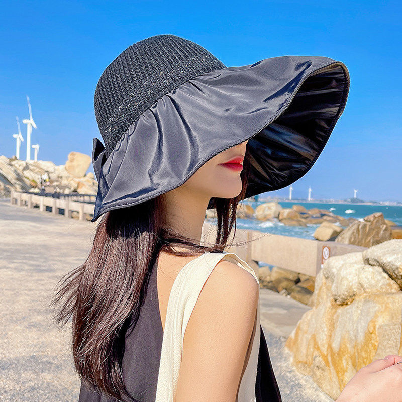 黑胶太阳帽女遮脸渔夫帽显瘦休闲帽子夏季防晒遮阳帽防紫外线大檐