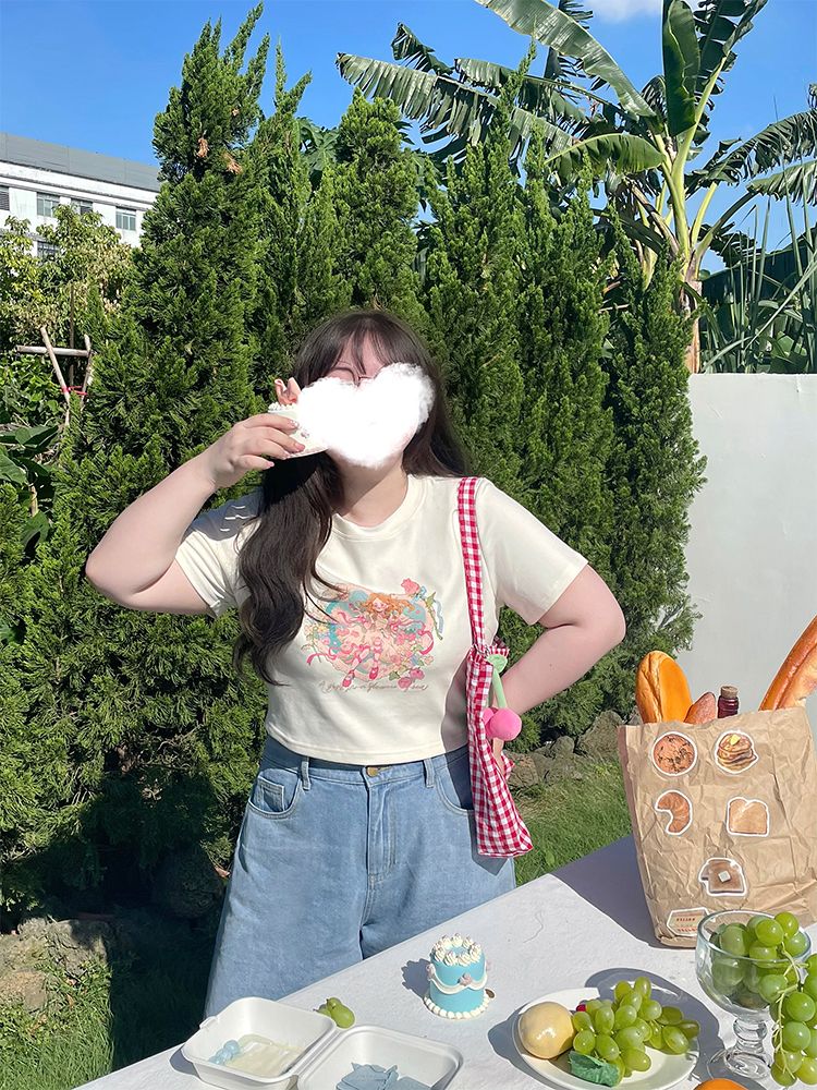 夏季韓版200斤大碼原創印花短袖T恤微胖女生寬鬆遮肉顯瘦短款上衣