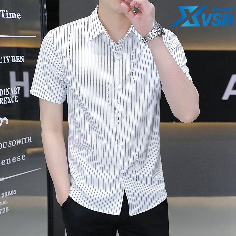 Summer icy striped shirt men's Korean version handsome comfortable breathable business men's short-sleeved ice silk non-ironing inch shirt