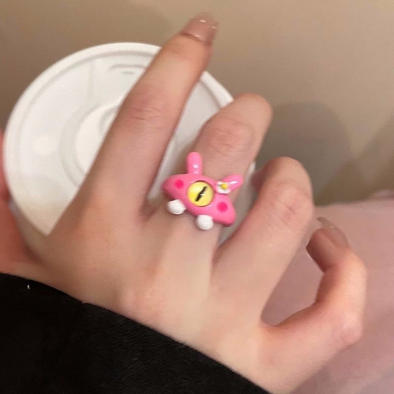 Pink ~ Childlike and cute cat monster ring for women 2023 new trendy index finger ring design niche ring