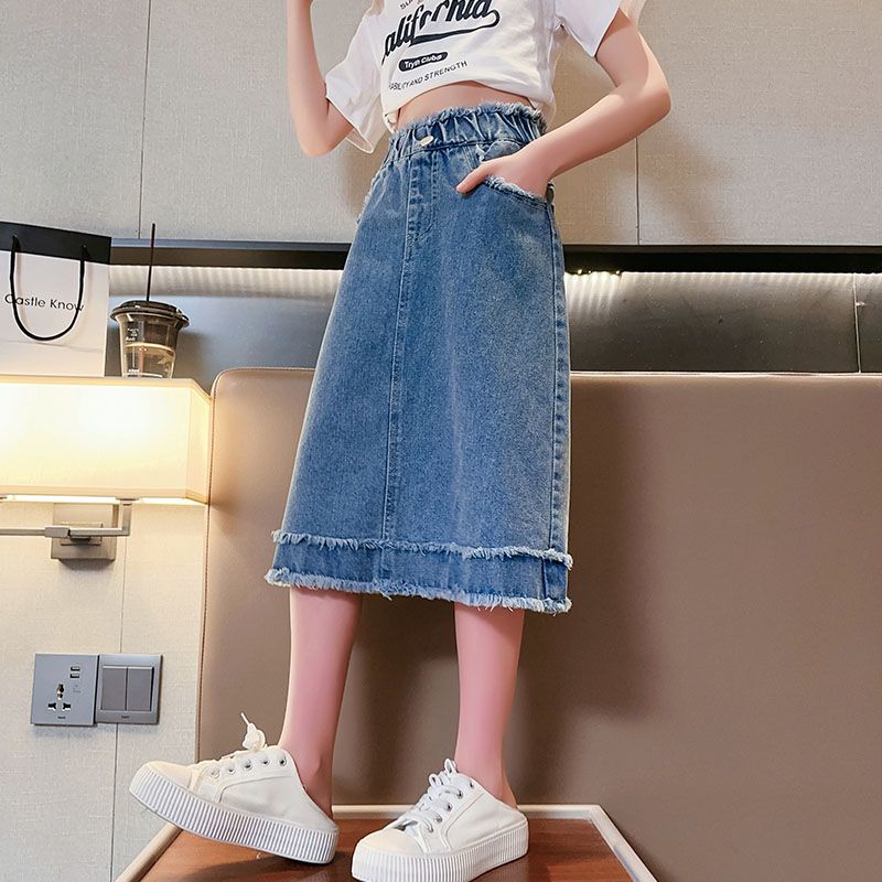 Girls' denim skirt summer  new children's foreign style skirt middle and big children's all-match raw edge over-the-knee skirt