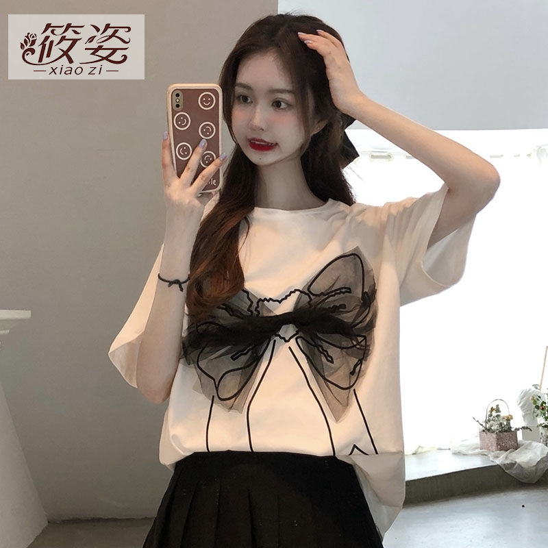 筱姿純棉T恤女短袖2023新款半袖寬鬆蝴蝶結設計感小眾上衣ins潮牌