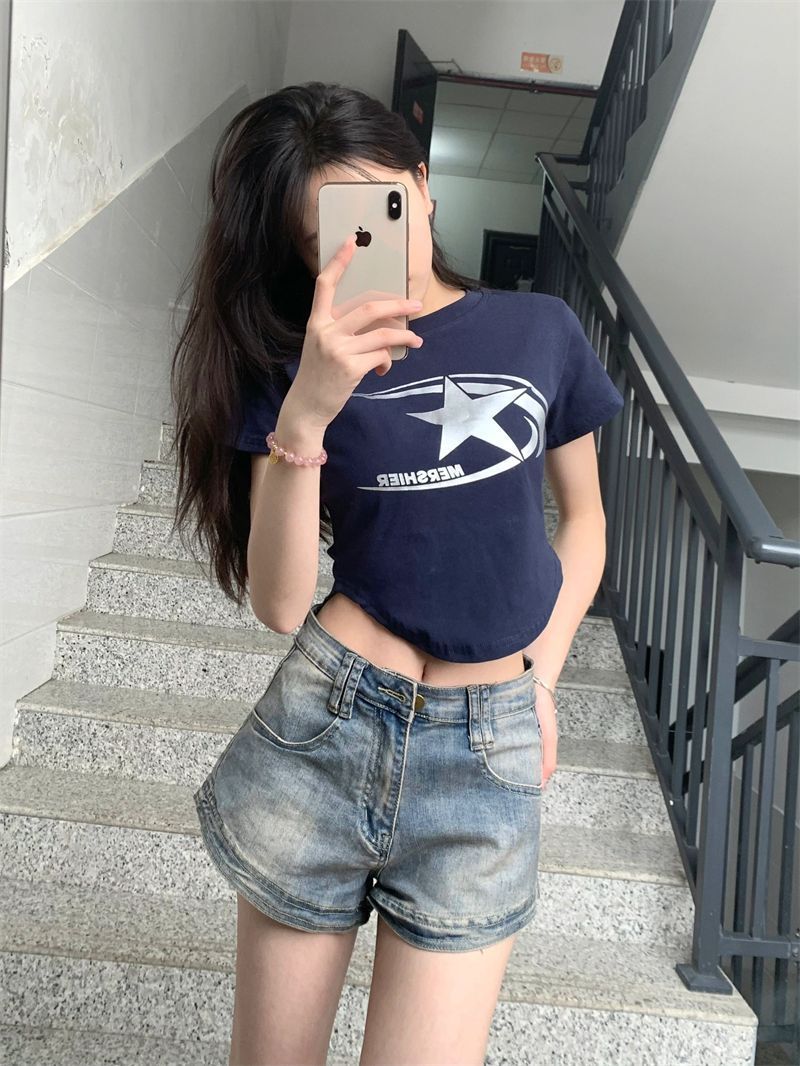 American retro irregular babes pure desire short t-shirt female summer letter print slim fit and thin short-sleeved top ins