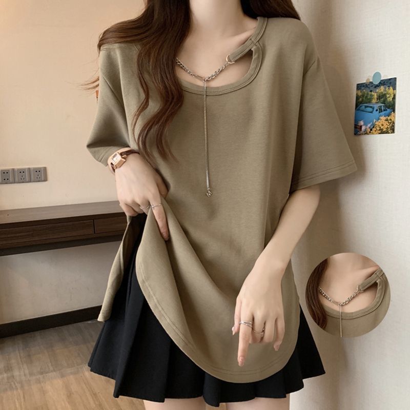 Short-sleeved T-shirt women's summer 2023 new loose and thin all-match mid-length large-size design sense bottoming shirt top