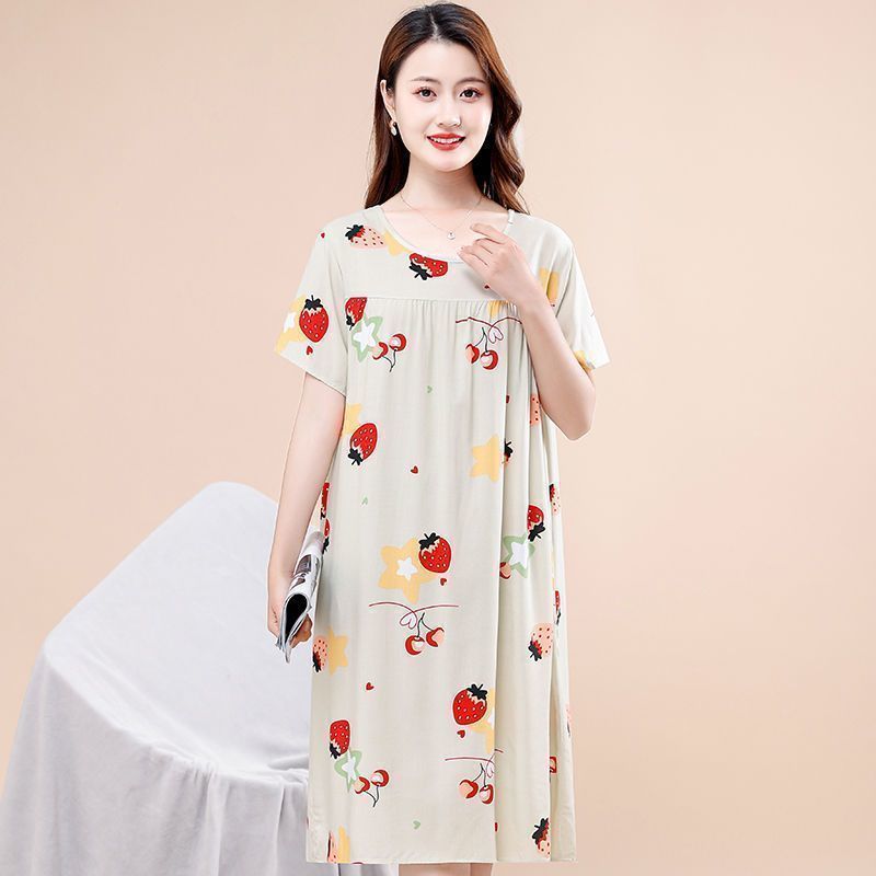 Women's summer new short-sleeved nightdress middle-aged mother's large size thin section pajamas dress cotton silk home service outerwear skirt
