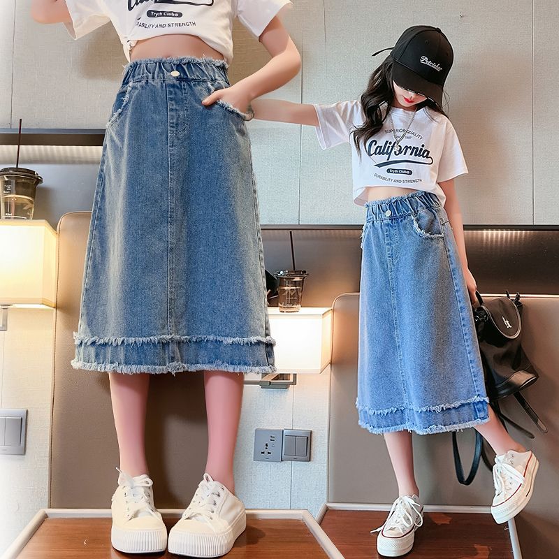 Girls' denim skirt summer  new children's foreign style skirt middle and big children's all-match raw edge over-the-knee skirt