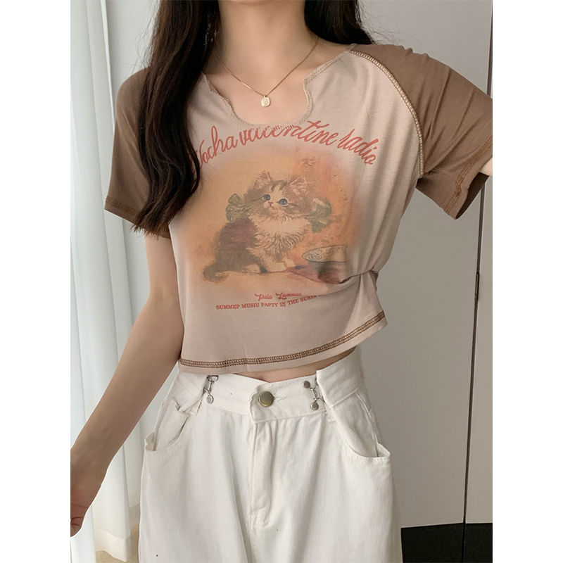 美式復古大碼胖mm短袖T恤女夏季辣妹修身顯瘦短款甜辣粉色上衣ins