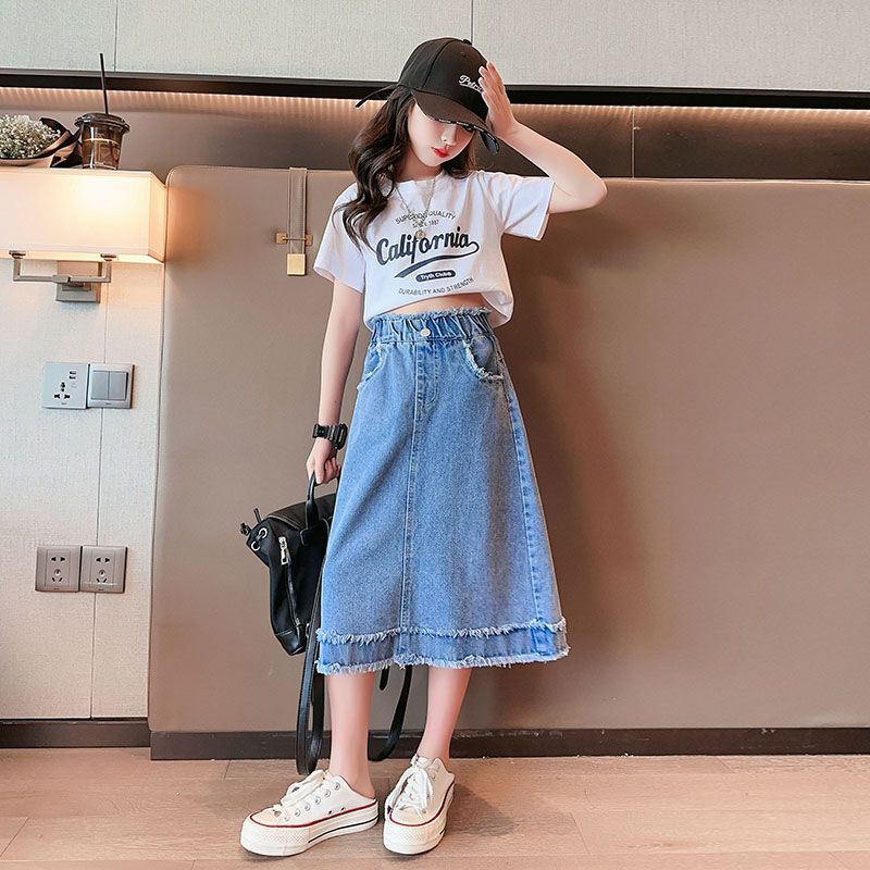 Girls' denim skirt summer  new children's foreign style skirt middle and big children's all-match raw edge over-the-knee skirt