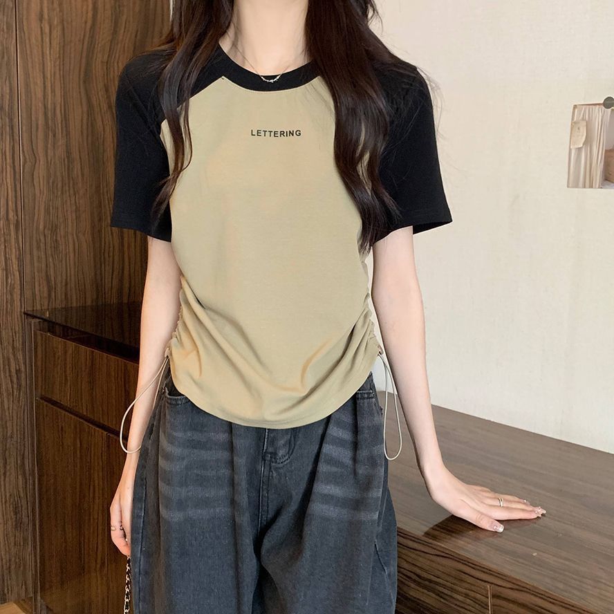 Drawstring design sense short-sleeved t-shirt women's summer  new women's clothing Korean version loose slimming large size hit color top