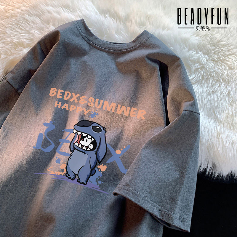 BEADYFUN港風卡通短袖t恤男女夏季潮牌寬鬆上衣2023新款復古半袖
