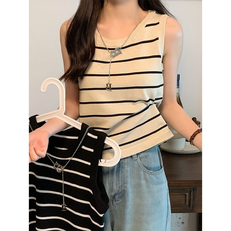 Striped sports knit vest women's summer large size inside and outside wear short hot girl sleeveless suspenders bottoming top