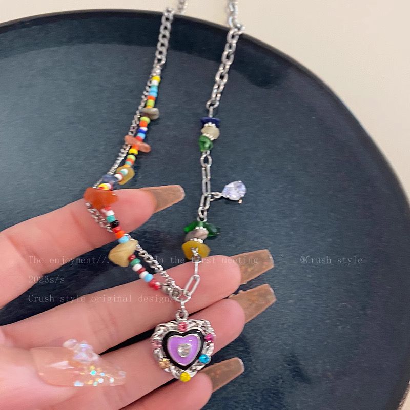 Colorful Stone Love Color Necklace Women Summer 2023 New Niche Accessory Internet Celebrity Sweet Cool Hot Girl Clavicle Chain