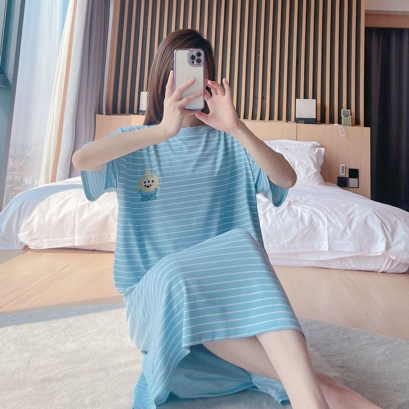 One-piece pajamas skirt women's summer short-sleeved striped loose cartoon cute student large size mid-length nightdress cute