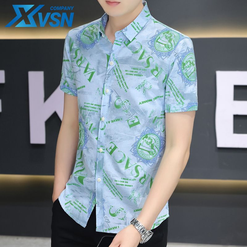 VSN new summer short-sleeved shirt men's handsome shape letter printing shirt tide brand trend ice silk shirt