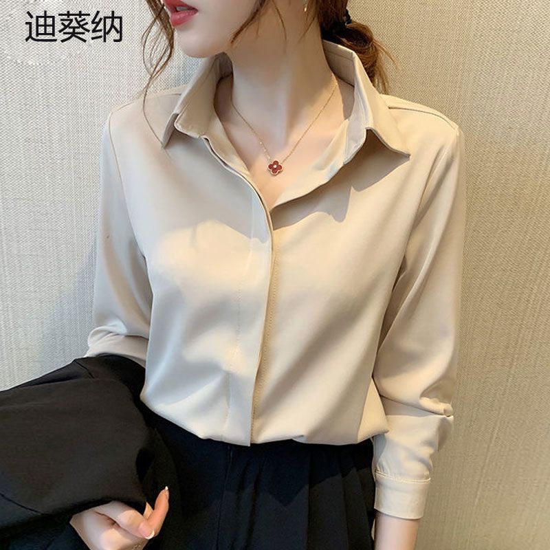迪葵納春夏設計感小眾緞面白襯衫女長袖氣質職業減齡上衣2022新款