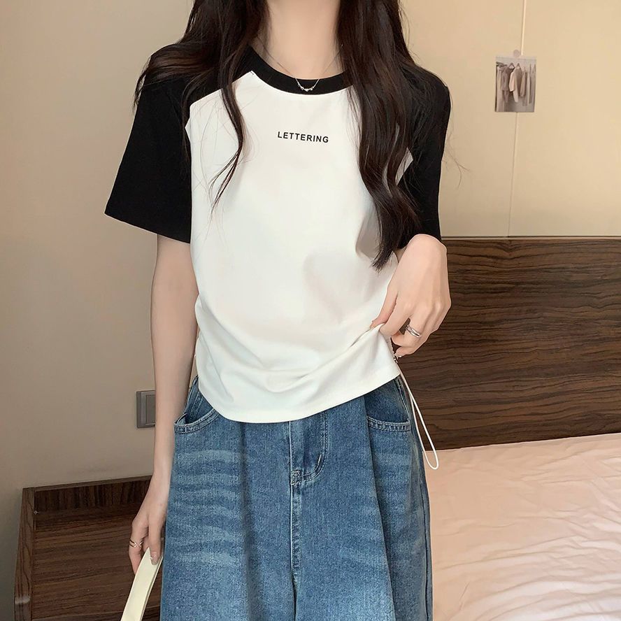 Drawstring design sense short-sleeved t-shirt women's summer  new women's clothing Korean version loose slimming large size hit color top