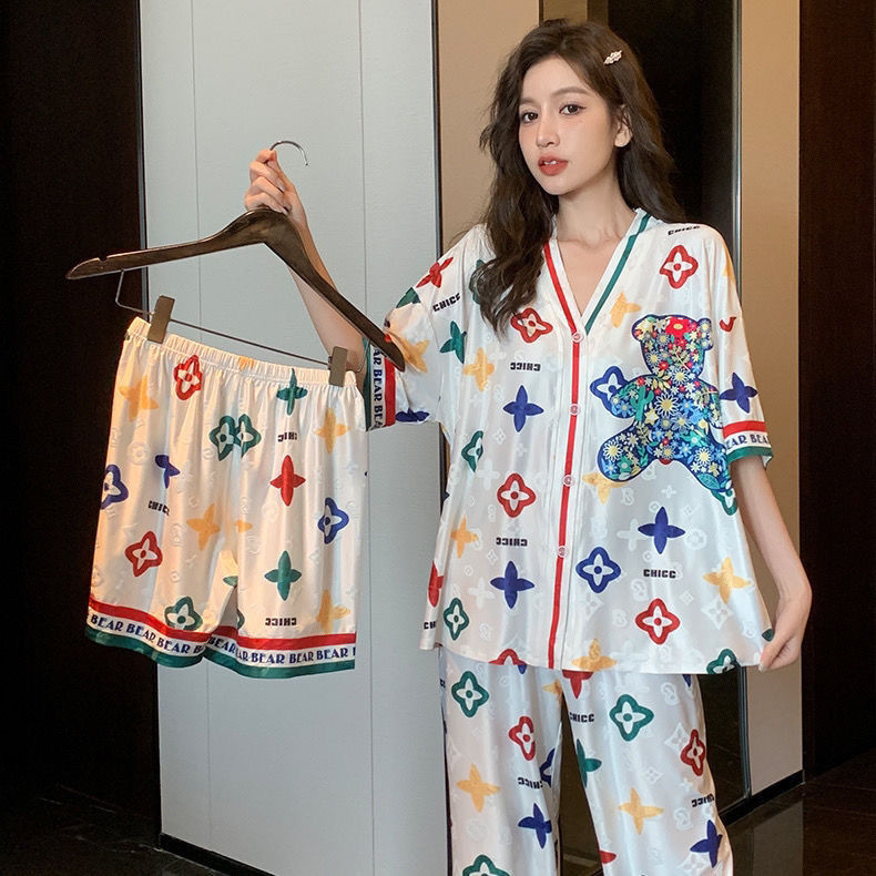 2023 new pajamas women's summer thin section home service silk high-end three-piece suit