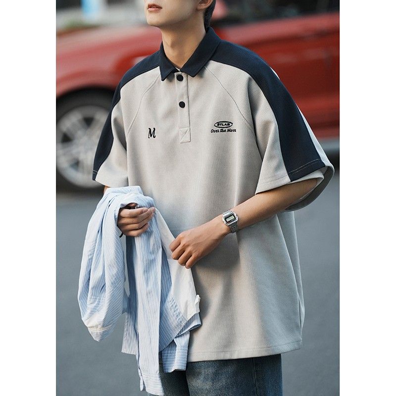 Hong Kong style Japanese style waffle Polo shirt men's summer American retro short-sleeved t-shirt hit color tide brand casual five-quarter sleeves