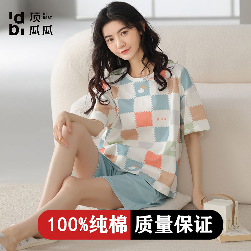 睡衣女夏天純棉薄款短袖短褲套裝休閒可愛甜美可外穿家居服