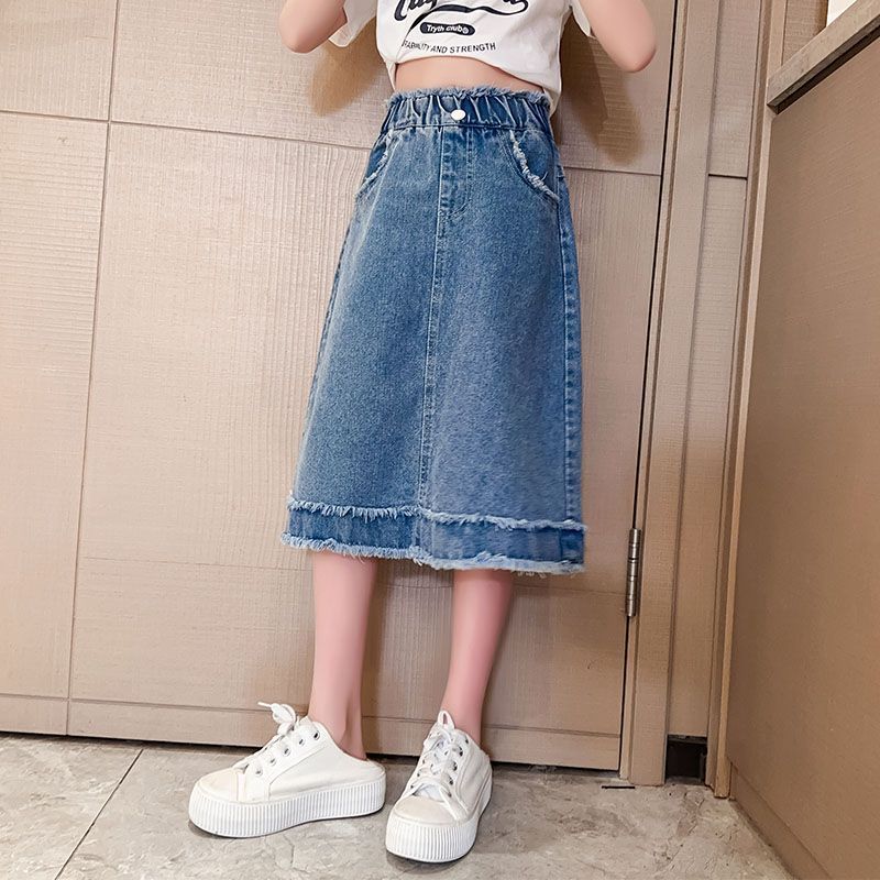 Girls' denim skirt summer  new children's foreign style skirt middle and big children's all-match raw edge over-the-knee skirt