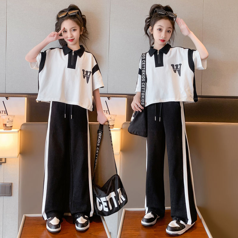 女童網紅套裝夏裝2023新款兒童POLO短袖T恤闊腿褲女孩霸氣衣服潮