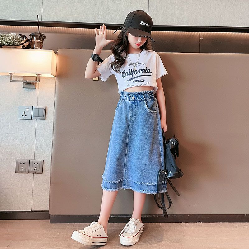 Girls' denim skirt summer  new children's foreign style skirt middle and big children's all-match raw edge over-the-knee skirt