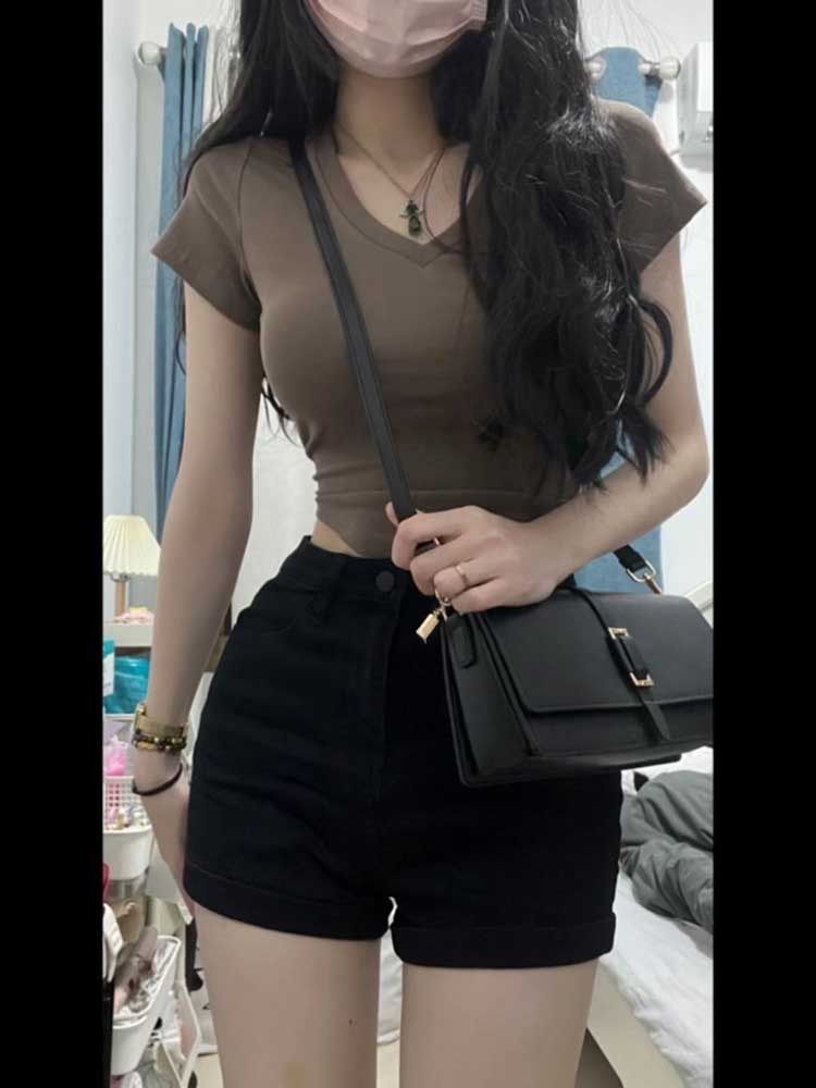 Spice girl v-neck short-sleeved t-shirt women's summer new niche design sense irregular shoulder slimming thin short top