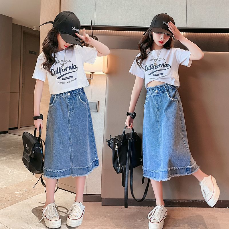 Girls' denim skirt summer  new children's foreign style skirt middle and big children's all-match raw edge over-the-knee skirt