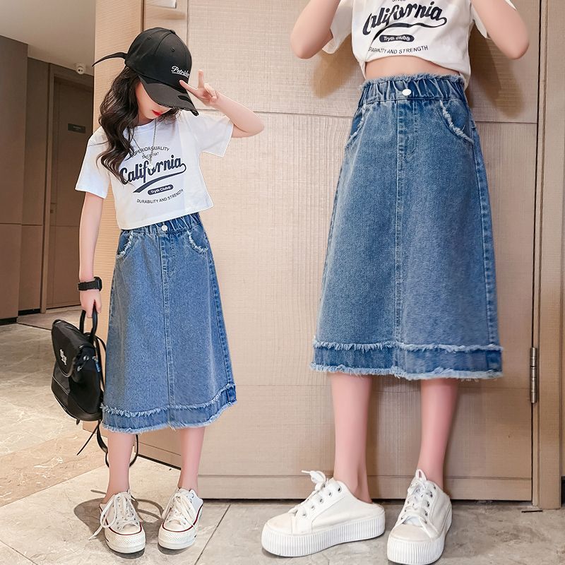 Girls' denim skirt summer  new children's foreign style skirt middle and big children's all-match raw edge over-the-knee skirt