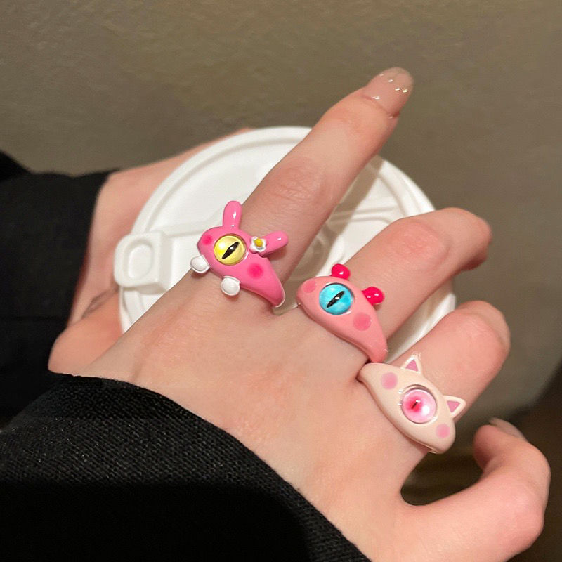 Pink ~ Childlike and cute cat monster ring for women 2023 new trendy index finger ring design niche ring