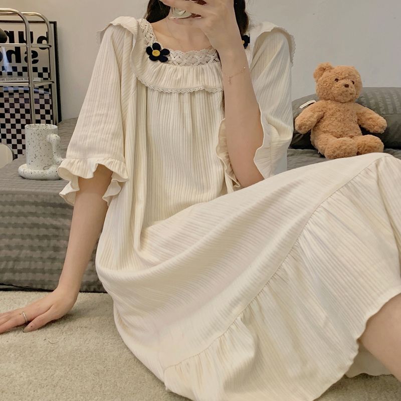 2023 new summer nightdress female pure cotton short-sleeved thin section princess wind girl long section large size cute pajama dress summer
