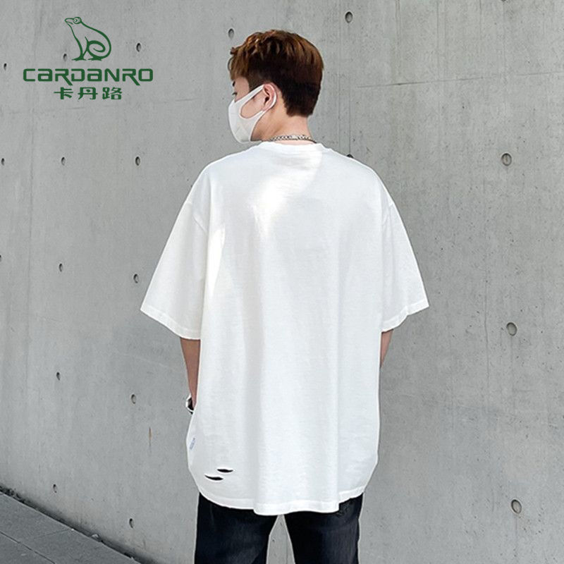 Cardan Road hole short-sleeved men's niche design summer trendy brand short T-shirt oversize cotton loose top